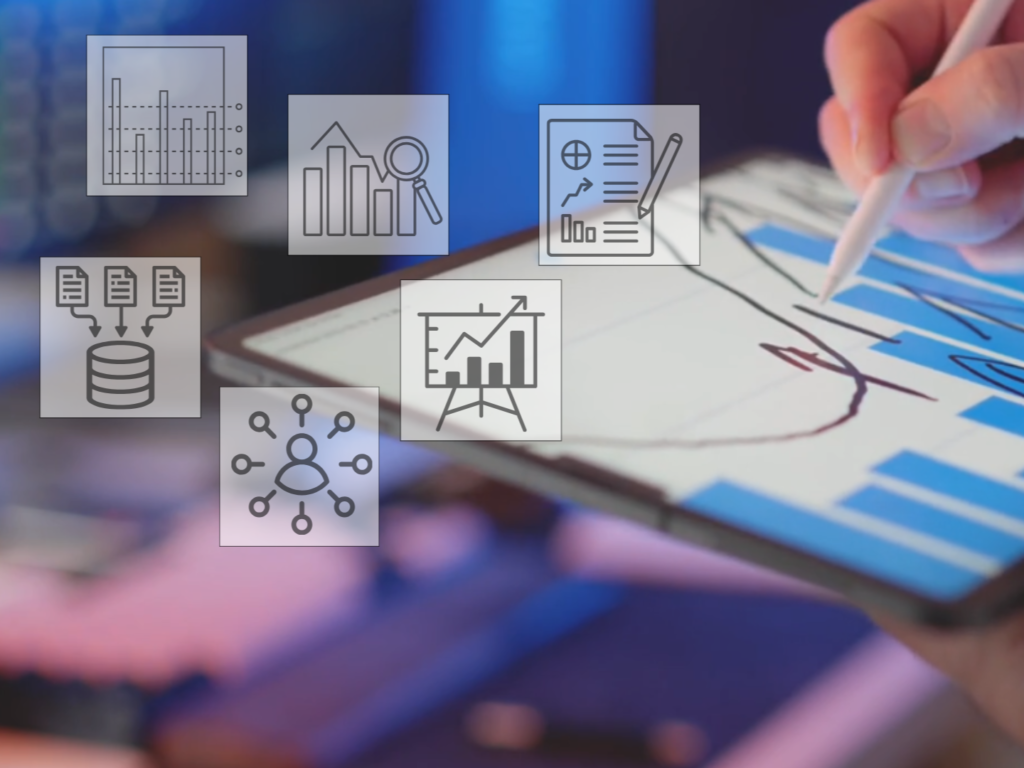 Tablet wird für Datenanalyse benutzt. Symbolbilder der Datenanalyse stehen im Raum