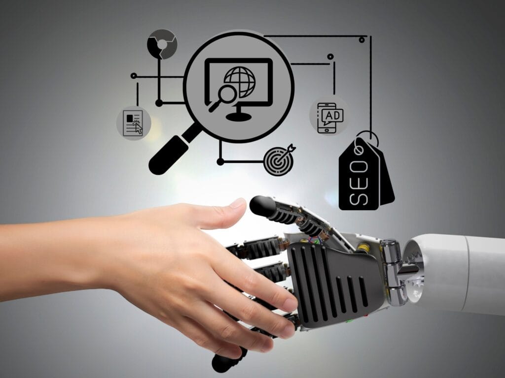 Grafik zum Thema Suchmaschinenoptimierung: Ein Handschlag zwischen Mensch und Roboter symbolisiert den Weg über digitale Symbole wie Weltkugel und Lupe zur weltweiten Online-Sichtbarkeit.
