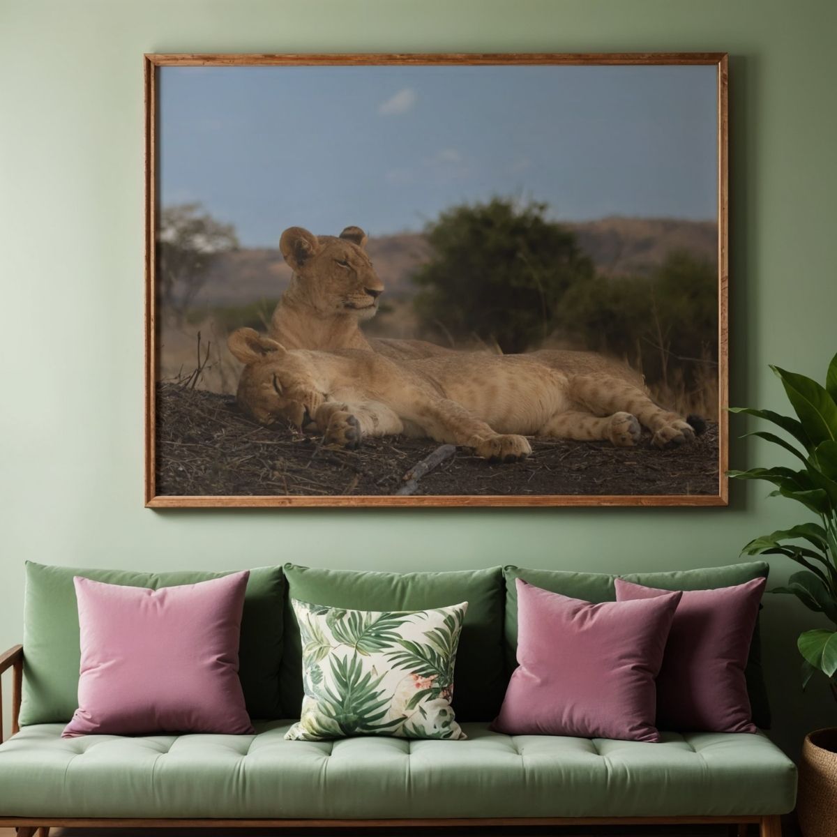 Pastellgrünes Sofa mit Kissen unter einem großen Wandbild einer Löwenmutter mit Jungtier im Wohnzimmer.