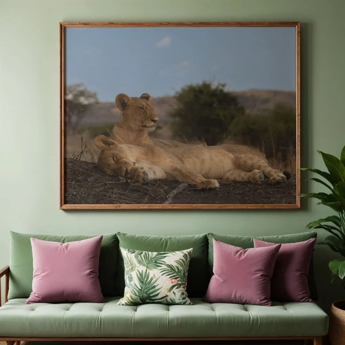 Pastellgrünes Sofa mit Kissen unter einem großen Wandbild einer Löwenmutter mit Jungtier im Wohnzimmer.