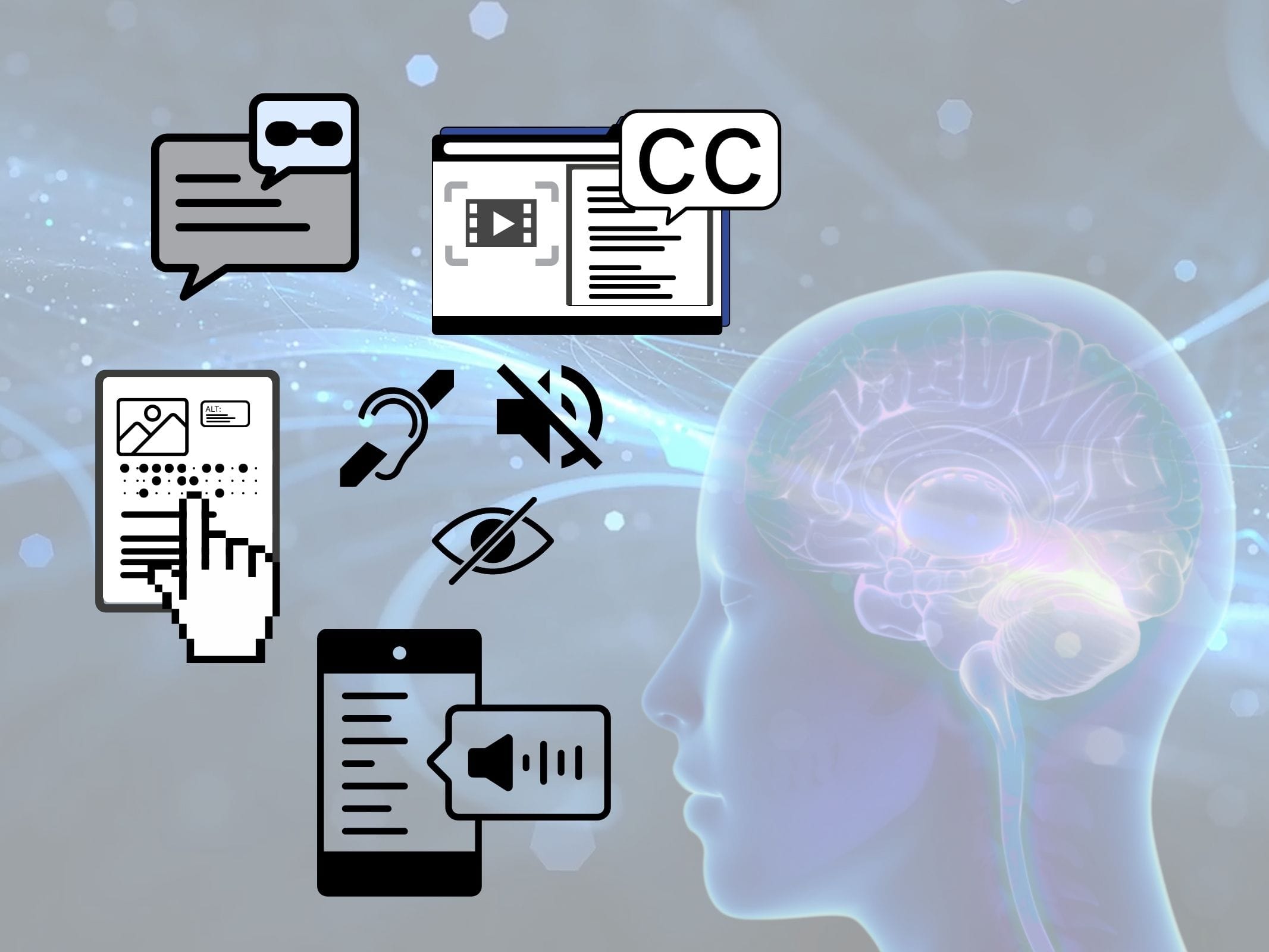 Illustration "barrierefreie Textstrukturen": Symbole für Untertitel (CC), Gebärdensprache, Bildbeschreibungen und Braille, durchgestrichenes Auge und Ohr für Seh- und Hörbeeinträchtigung, Smartphone mit Sprachausgabe, im Hintergrund eine transparente Kopf- und Gehirn-Silhouette mit Datennetz